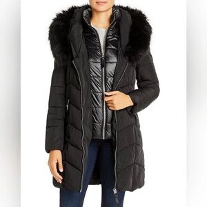 Calvin Klein Black Long Puffer Coat with Faux Fur Hood and Inner Vest Bib